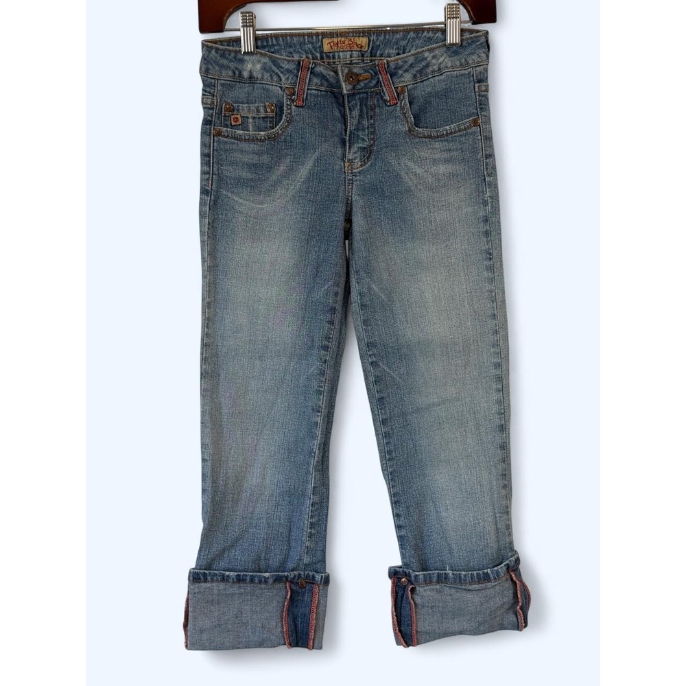 VTG Y2K Mall Grunge Paris Blues Cuffed Denim Low Rise Capris Size 1 Red Hem